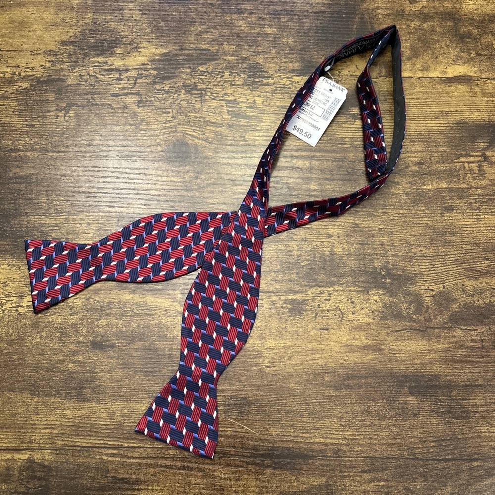 Jos A Bank Mens Bow Tie 100% Silk Red Geometric Adjustable NWT $49.50 Retail